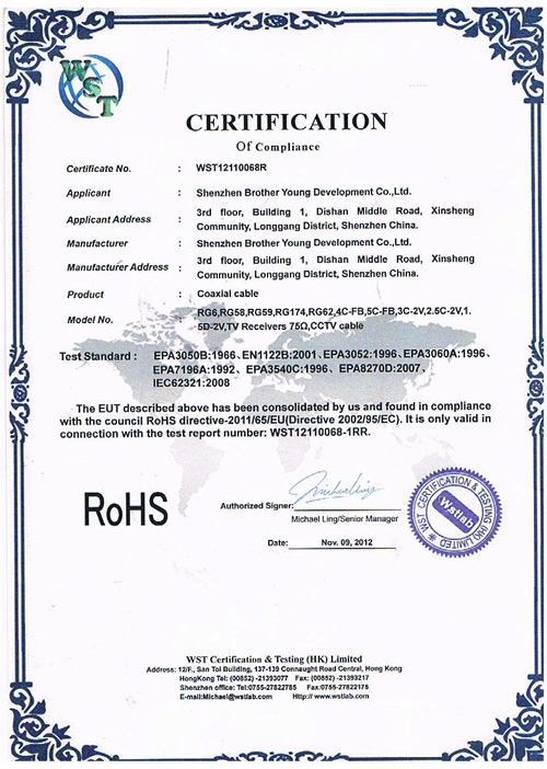 ROHS Certificate For Coax Cable