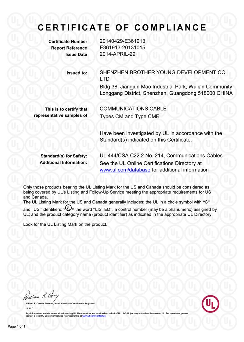 UL Certificate For Communication Cable